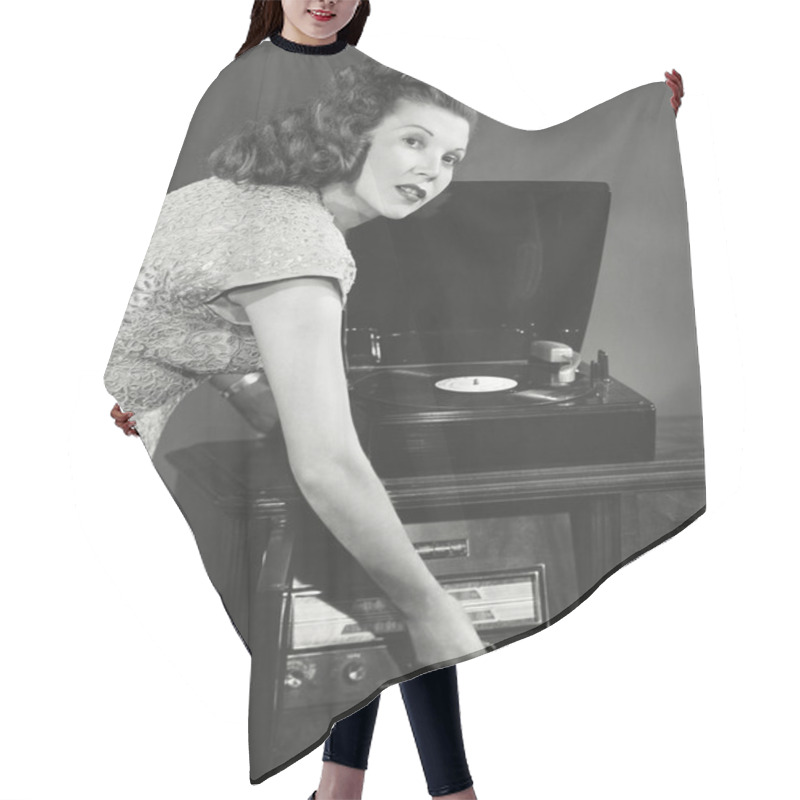 Personality  Woman Playing Record Album Hair Cutting Cape