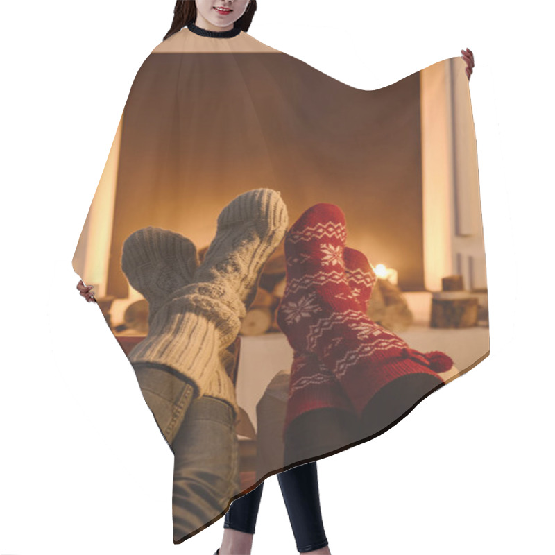 Personality  Cropped View Of Women Wearing Winter Socks With Fireplace On Background Hair Cutting Cape