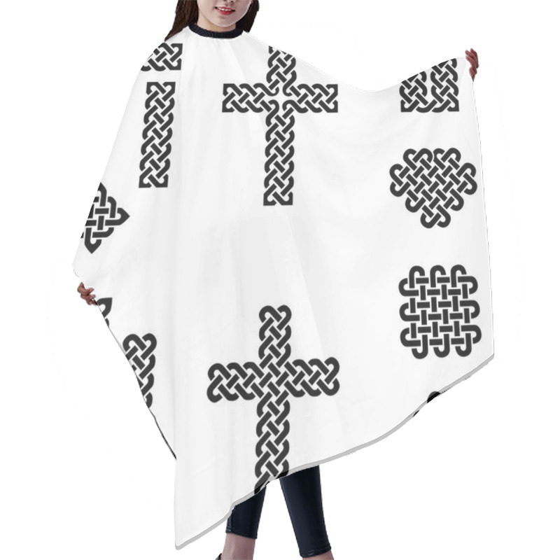 Personality  Celtic Style Endless Knot Symbols Including Border, Line, Heart, Cross, Curvy Squares In  Black On White Background Inspired By Irish St Patrick's Day, And Irish And Scottish Culture Hair Cutting Cape