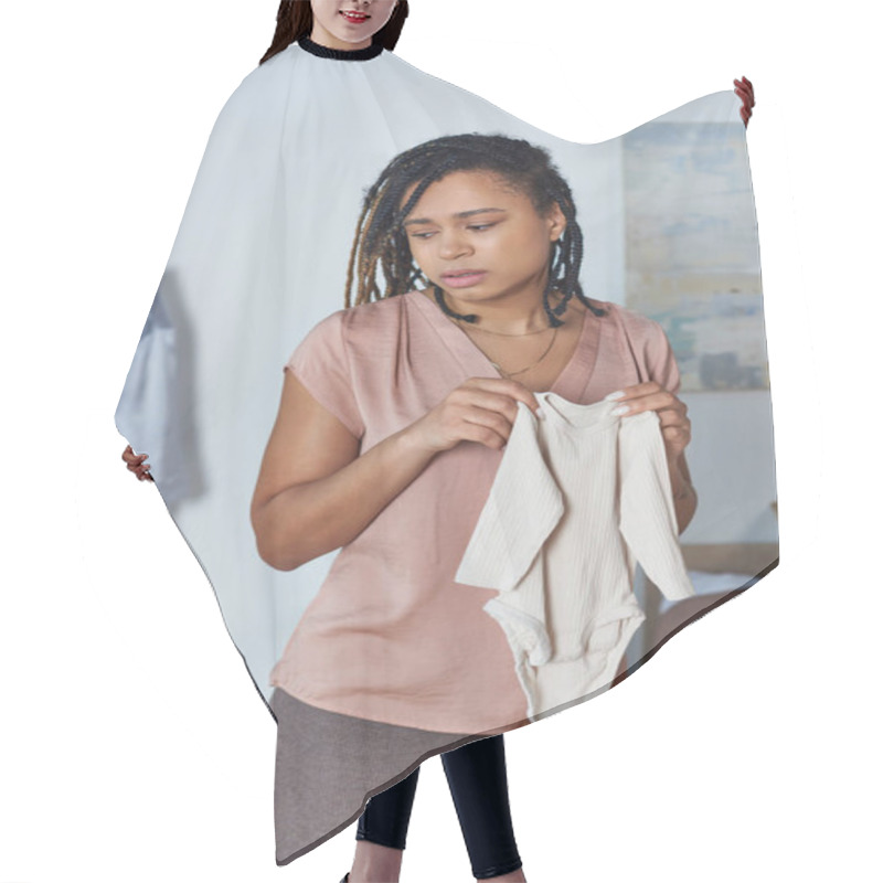 Personality  Worried Future Mother, Pregnant African American Woman Holding Baby Clothes, Emotional, Motherhood Hair Cutting Cape