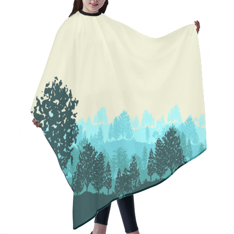 Personality  Blue Summer Trees Silhouettes Background Vector Illustration. Horizontal Abstract Banner Of Wood Covered Hills. Hair Cutting Cape