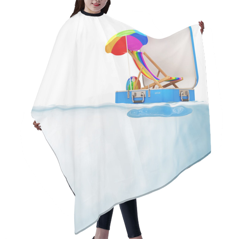 Personality  Suitcase With Vacation Accessories In Water Isolated On White Background Hair Cutting Cape