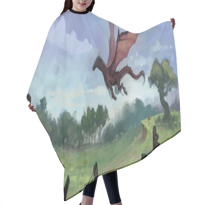 Personality  Painting Of Red Dragon Flying Over A Lush Green Field With Charred Building Remains In Foreground - Digital Fantasy Illustration Hair Cutting Cape