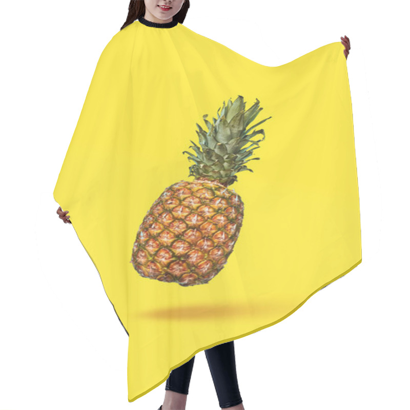 Personality  Pattern Of Slices And Whole Tropical Pineapple Fruit On A Blue Background With Space For Text. Flat Lay Hair Cutting Cape