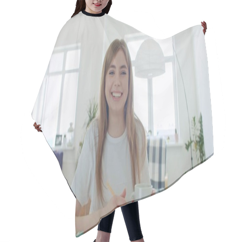 Personality  Young Woman Makes Video Conference Hair Cutting Cape