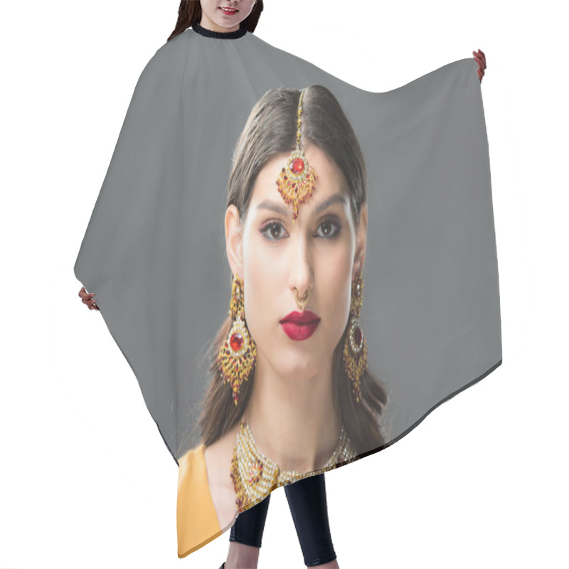 Personality  Attractive Indian Woman In Sari And Accessories, Isolated On Grey  Hair Cutting Cape