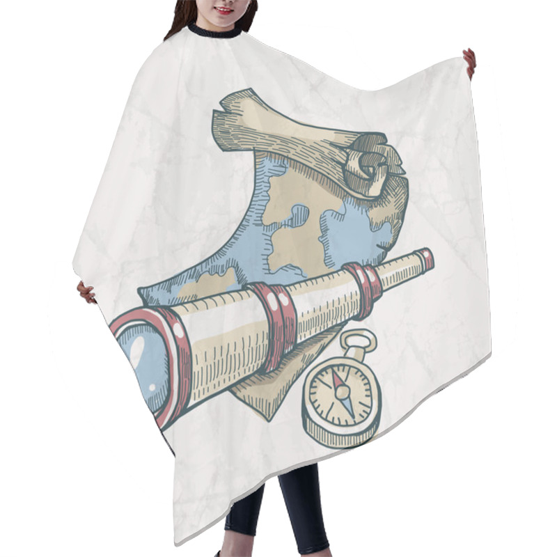 Personality  Vector Illustration Of Spyglass, Map And Compass On The Old Pape Hair Cutting Cape