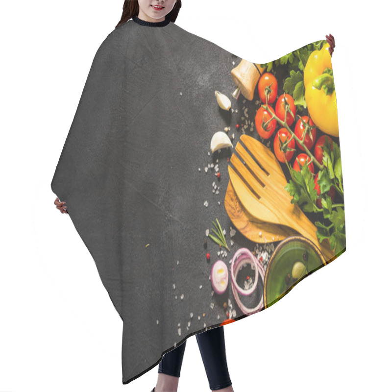 Personality  Food Cooking Background At Black Table Top View. Hair Cutting Cape