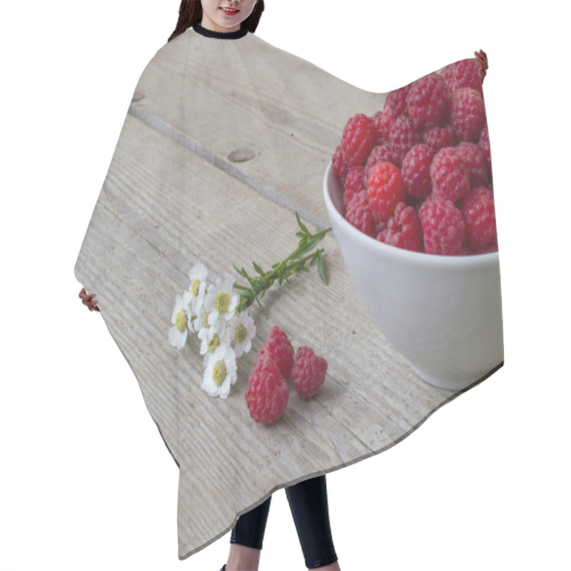 Personality  Full Bowl Of Juicy Ripe Raspberries, Decorated With Chamomile Flowers Matricaria, Perfect Colorful Summer Background With Wood Texture Hair Cutting Cape