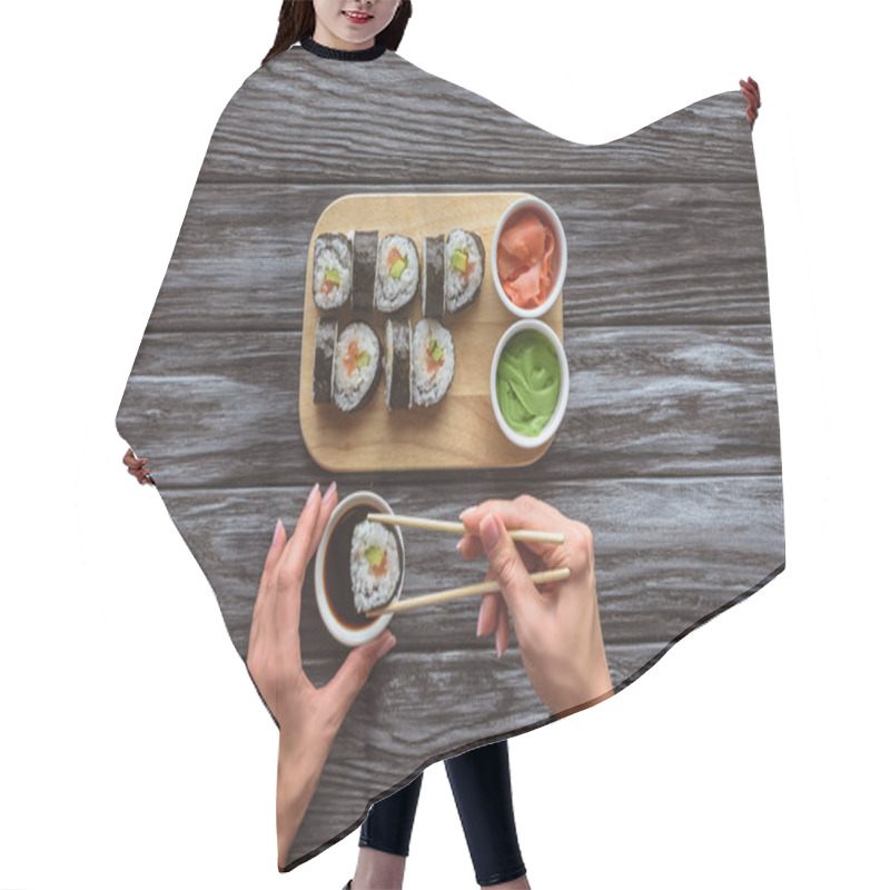 Personality  Partial Top View Of Person Holding Chopsticks And Eating Delicious Sushi Roll  Hair Cutting Cape