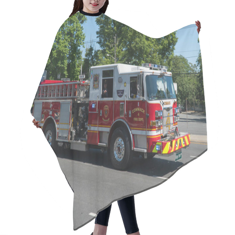 Personality  Long Island, NY - Circa 2019: Fire Truck Drives Down Street In Memorial Day Parade Celebration Event Honor Military Veterans And Local Hero. Emergency Response Vehicle Close Up Stock Photo Hair Cutting Cape