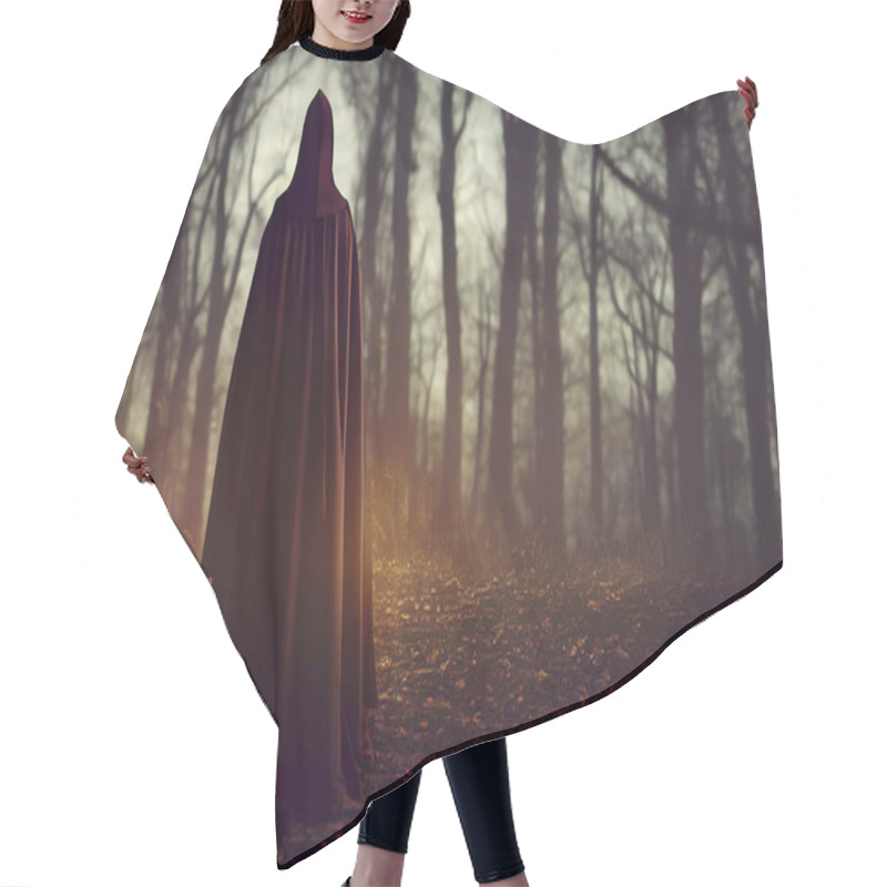 Personality  Scary Fantasy Witch Woman In A Black Dress And Cape With A Hood Walking Through A Dark Dense Deep Autumn Forest Orange, Halloween Theme Hair Cutting Cape