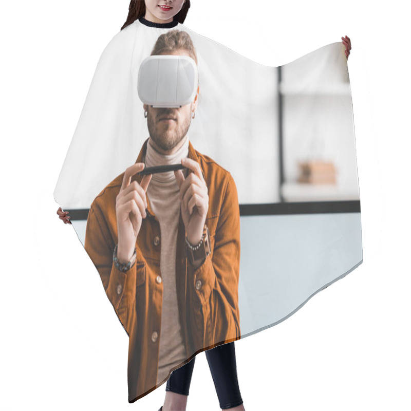 Personality  3d Visualizer Using Virtual Reality Headset And Holding Stylus Of Graphics Tablet Near Computer Monitors In Office  Hair Cutting Cape