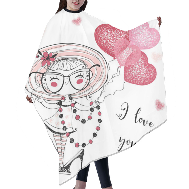 Personality  A Valentine's Day Card. Cute Girl With Balloon Hearts. I Love You. Vector. Hair Cutting Cape