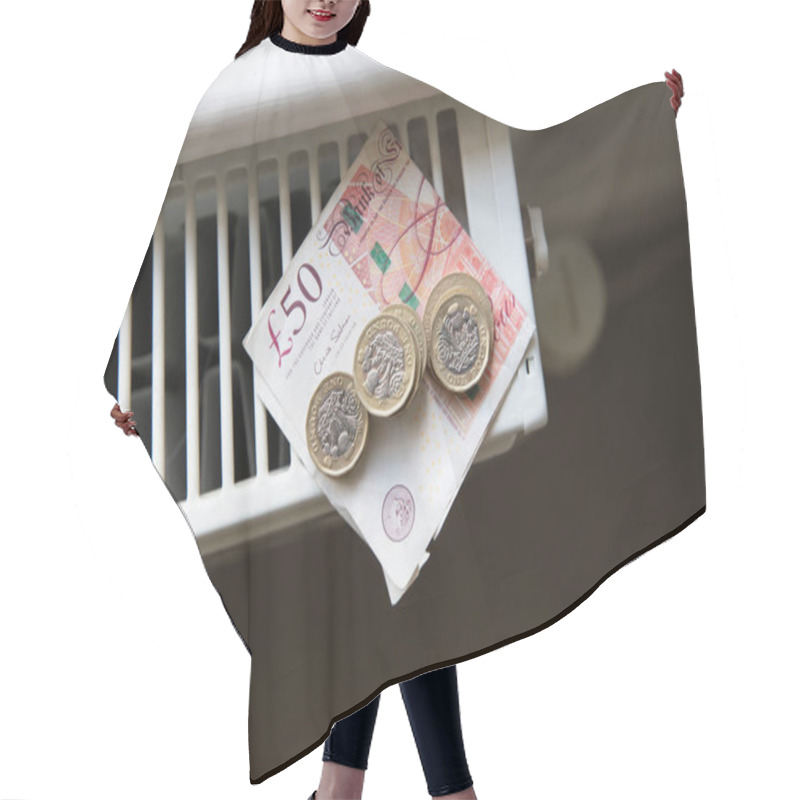 Personality  Cost Of Living Crisis. Money On A Home Radiator Heater. Rising Cost Of Energy And Bills. Hair Cutting Cape