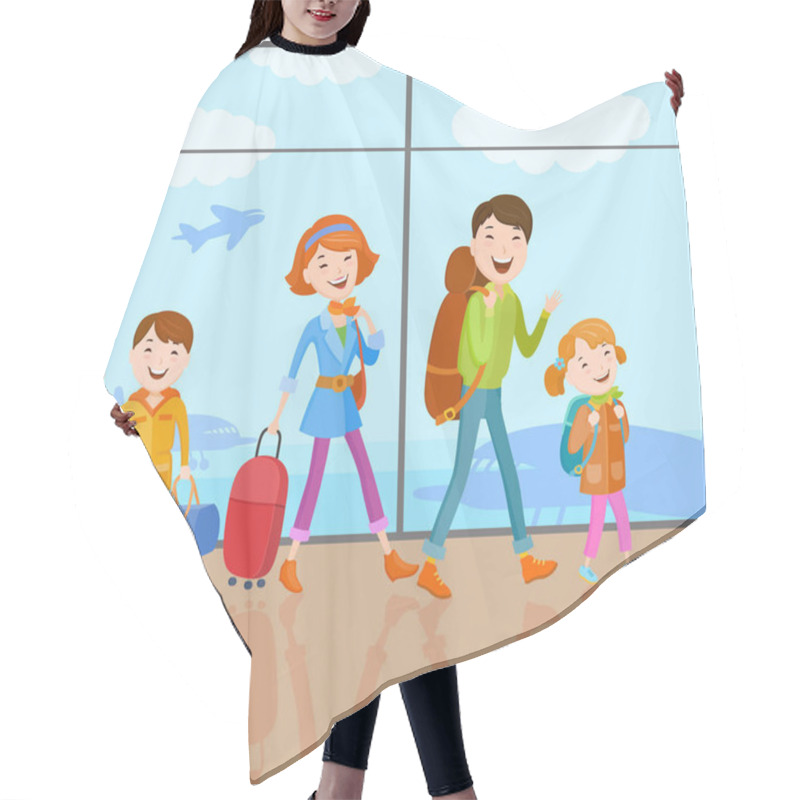 Personality  Cartoon Vector Family Going On Journey Hair Cutting Cape