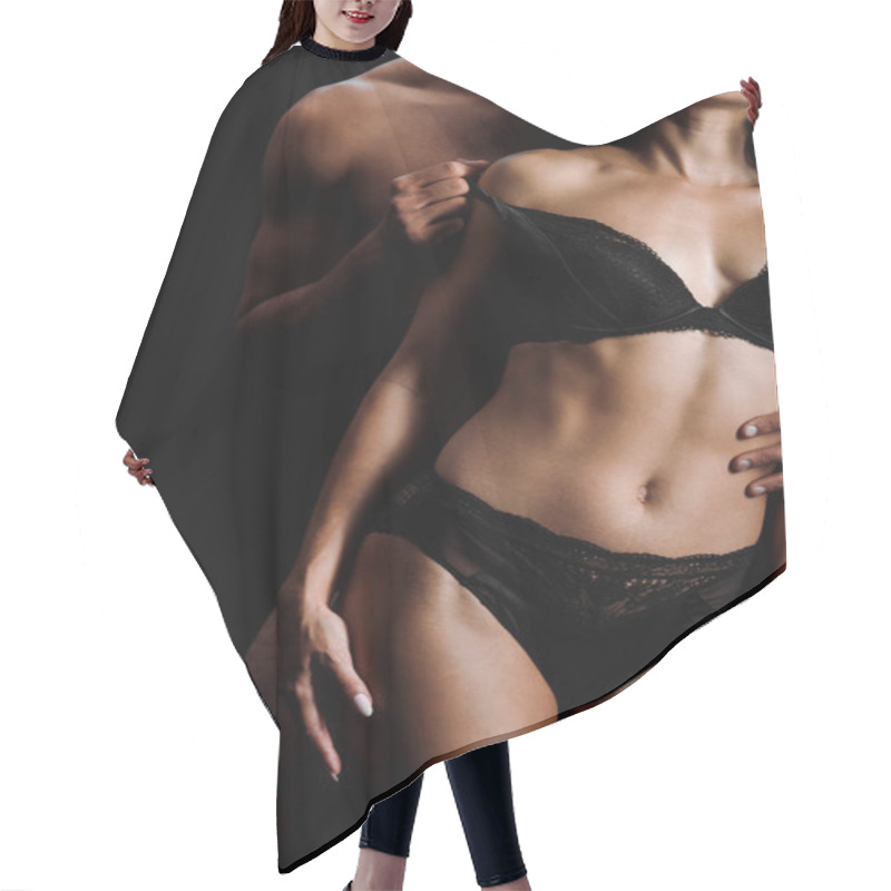 Personality  Cropped View Of Muscular Man Undressing Sexy Girl In Underwear Isolated On Black  Hair Cutting Cape