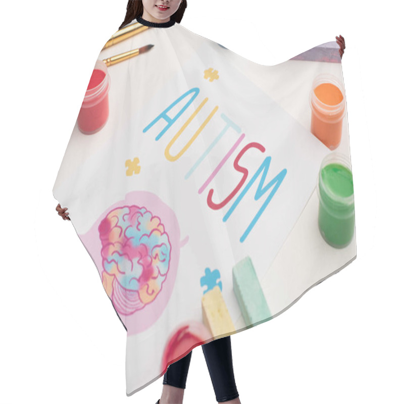 Personality  Card With Autism Word And Painting Of Head With Brain On White With Paint Brushes, Chalks And Paints Hair Cutting Cape