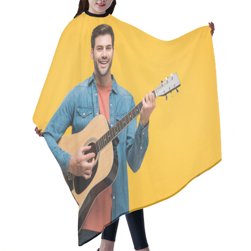 Personality  Handsome Smiling Man Playing Acoustic Guitar Isolated On Yellow Hair Cutting Cape