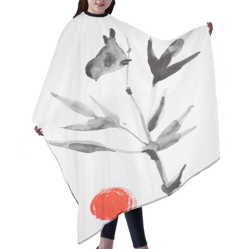 Personality  Japanese Painting With Branch, Birds And Sun On White Background Hair Cutting Cape