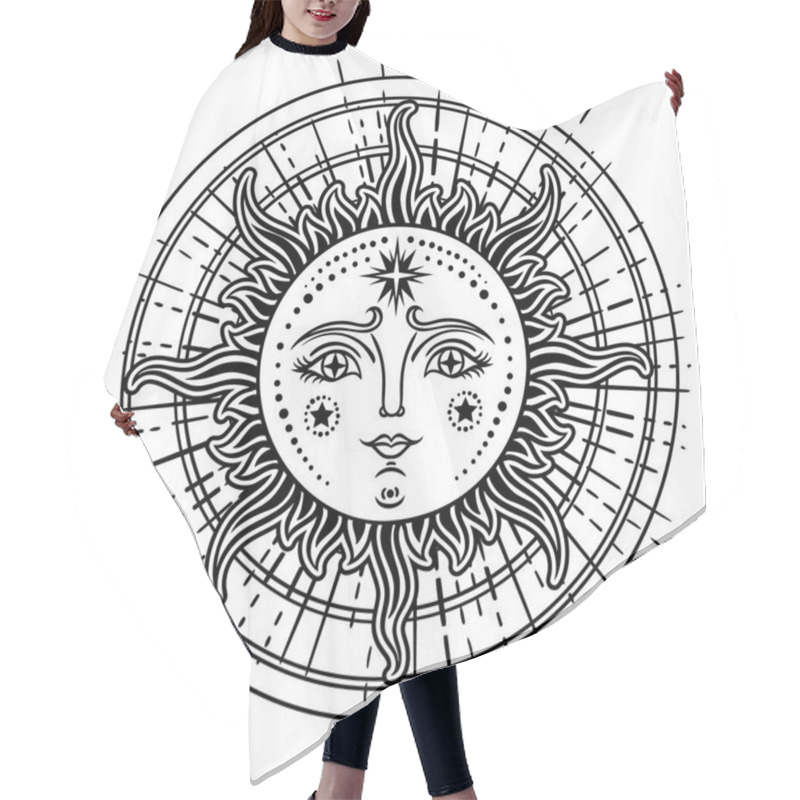 Personality  Vintage Hand Drawn Sun-Moon. Retro Illustration Face Of The Sun, Sun Tattoos, Vintage Graphics. Vector  Illustration. Hair Cutting Cape