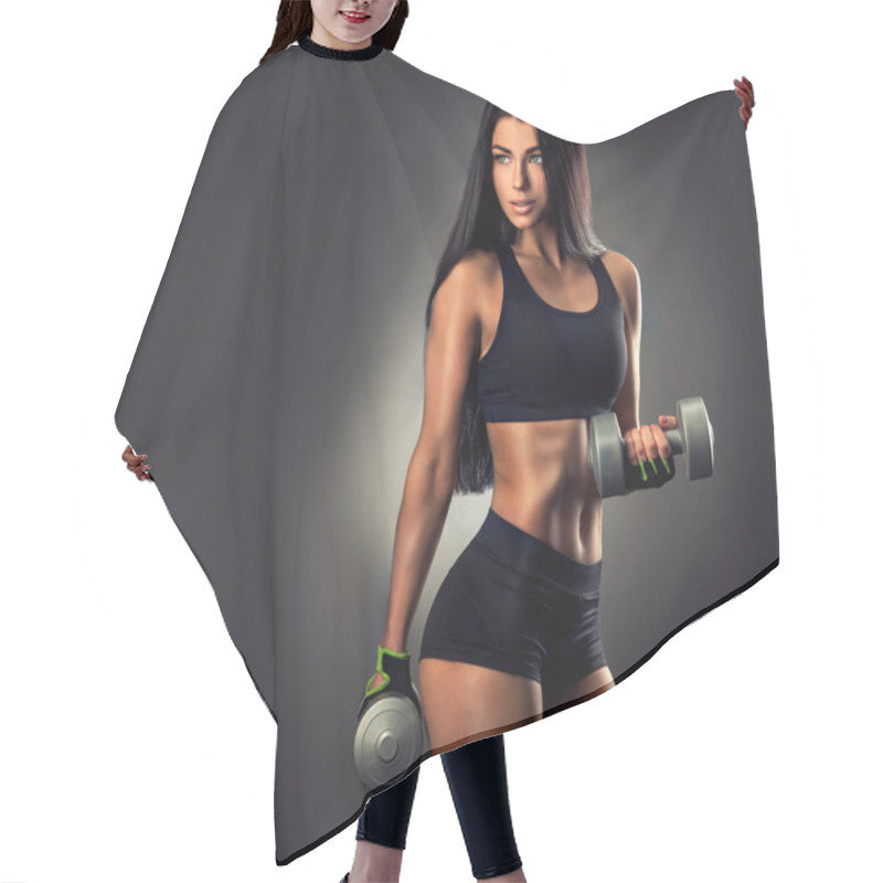 Personality  Beautiful Fitness Woman Lifting Dumbbells Hair Cutting Cape