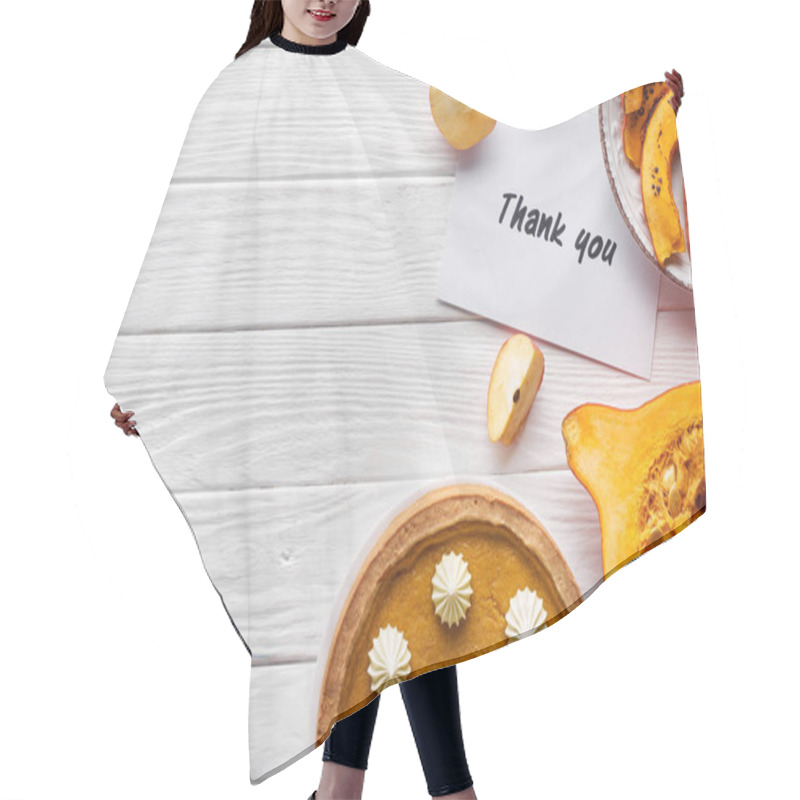 Personality  Top View Of Pumpkin Pie, Ripe Apples And Thank You Card On Wooden White Table Hair Cutting Cape