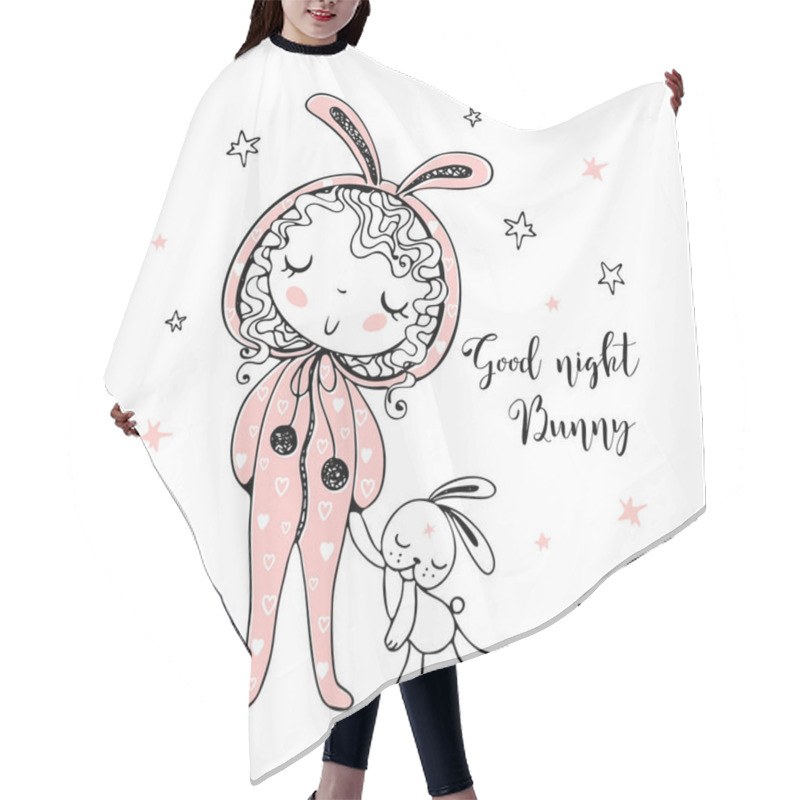 Personality  Cute Girl In Pajamas In The Form Of A Bunny Is Going To Sleep With A Toy. It's Time To Sleep. Vector Hair Cutting Cape