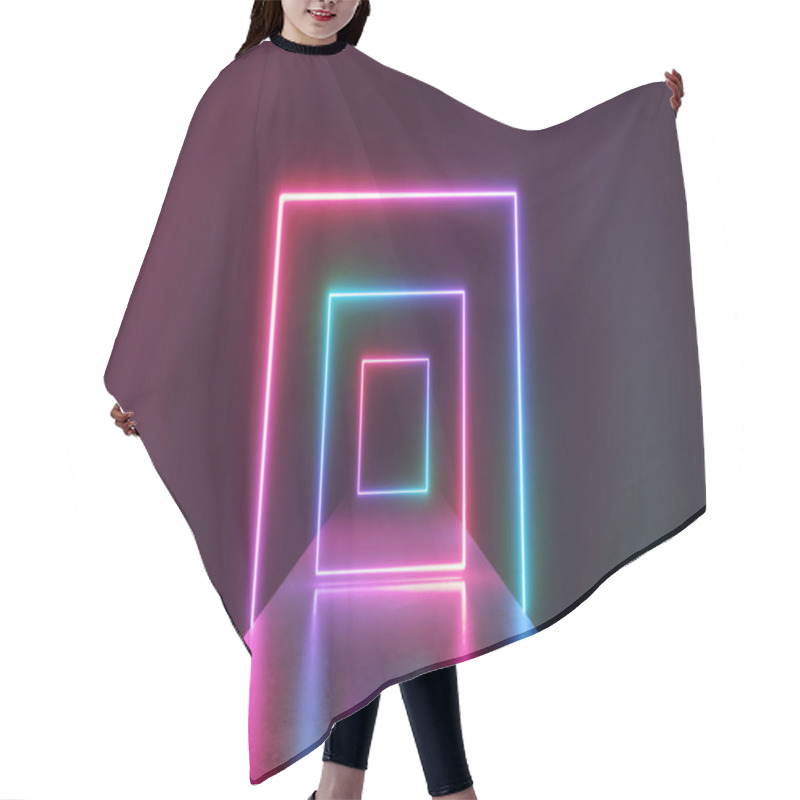 Personality  3d Render, Abstract Neon Background, Virtual Reality Tunnel, Ultraviolet Spectrum, Fashion Catwalk Podium, Empty Performance Stage, Floor Reflection Hair Cutting Cape