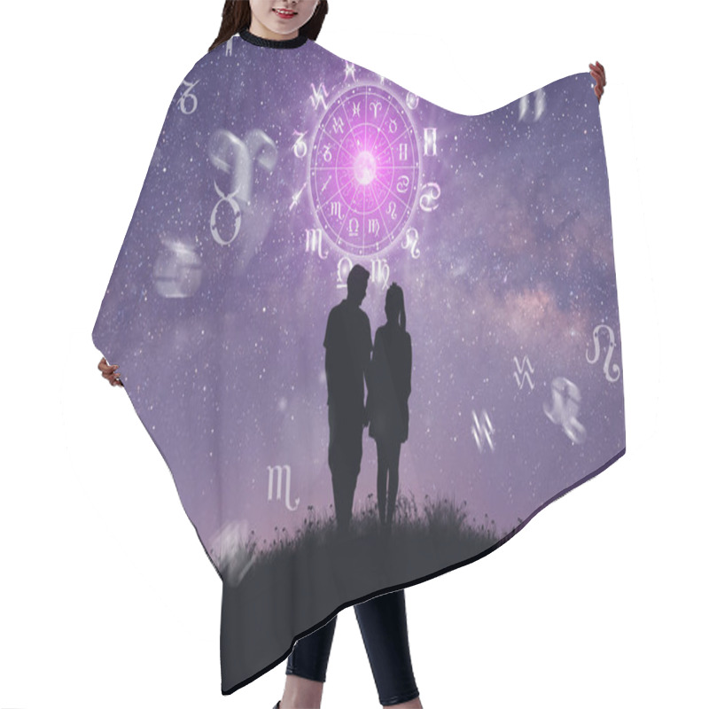 Personality  Astrological Zodiac Signs Inside Of Horoscope Circle. Couple Singing And Dancing Over The Zodiac Wheel And Milky Way Background. The Power Of The Universe Concept. Hair Cutting Cape