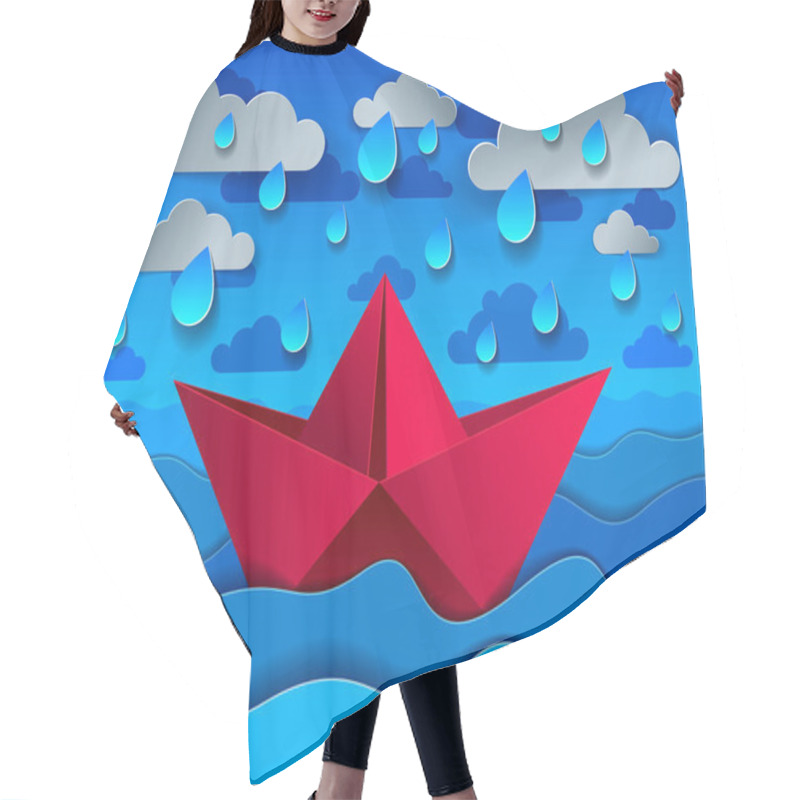 Personality  Origami Paper Ship Toy Swimming In Rain Over Ocean, Curvy Waves  Hair Cutting Cape