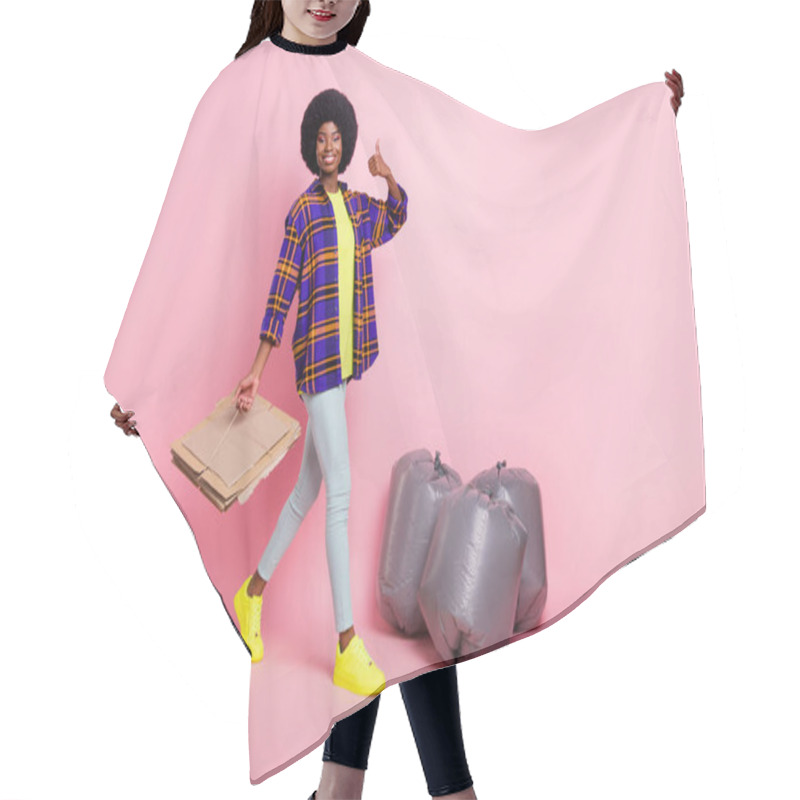 Personality  Full Length Body Size View Of Pretty Cheerful Girl Throwing Waste Save Planet Earth Showing Thumbup Isolated Over Pink Pastel Color Background Hair Cutting Cape