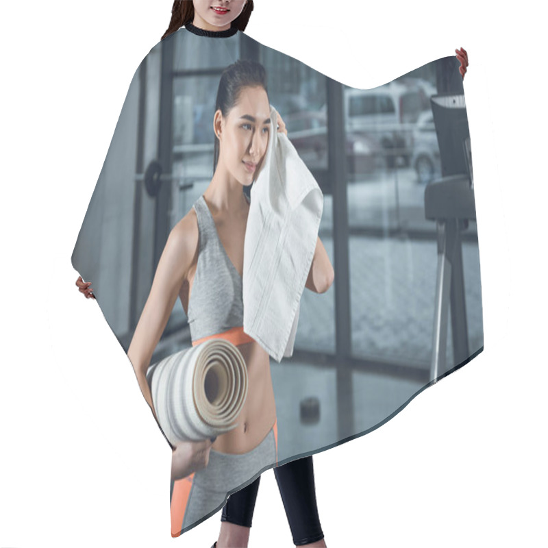 Personality  Young Sporty Woman With Rolled Yoga Mat Wiping Sweat With Towel After Exercises At Gym Hair Cutting Cape