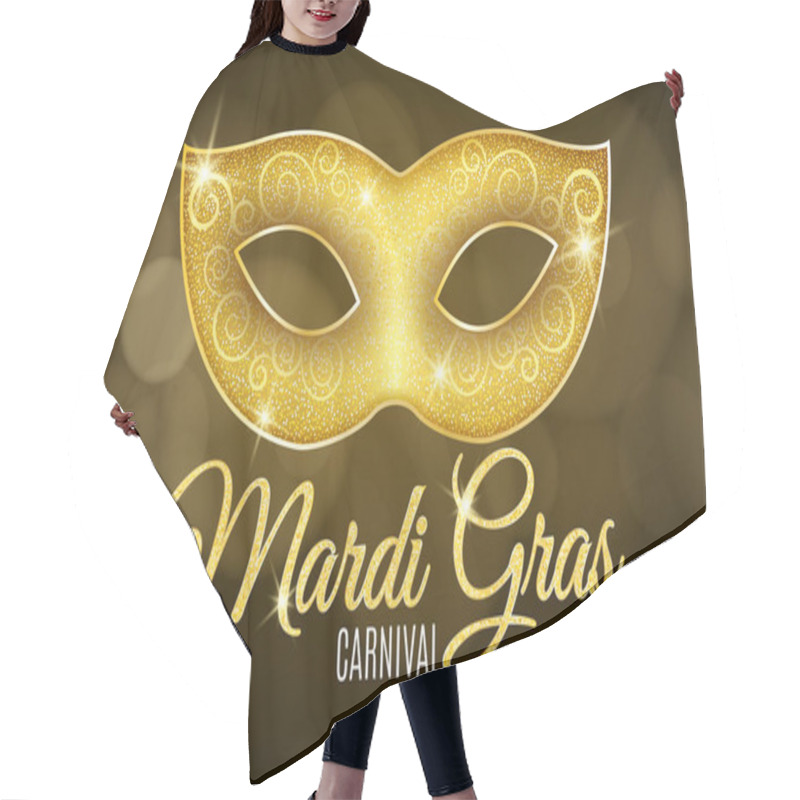 Personality  Background For Mardi Gras Carnival. Gold Glitter Text. Luxurious Gold Glitter Mask With Sparkles For A Masquerade. Golden Shine. Lights Bokeh. Vector Hair Cutting Cape