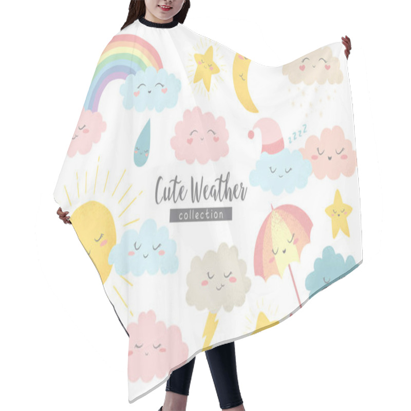 Personality  Vector Collection With Hand Drawn Cartoon Sun, Moon, Rainbow, Umbrella, Rain, Snow, Clouds And Stars Isolated On White Background. Cute Weather Characters Illustration In Cartoon Simple Style Hair Cutting Cape