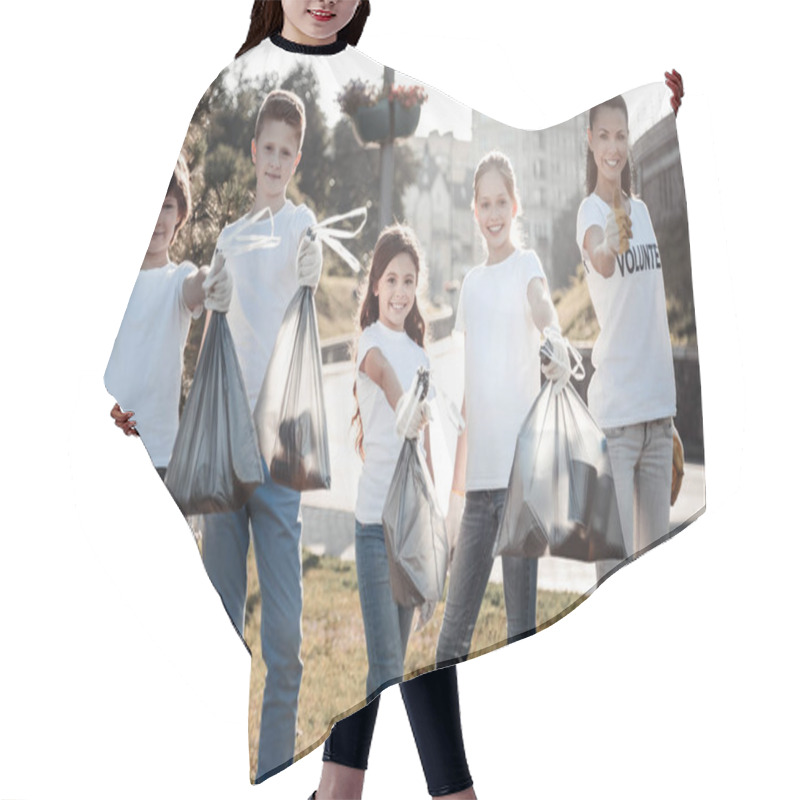 Personality  Nice Cheerful Children Holding Litter Bags Hair Cutting Cape