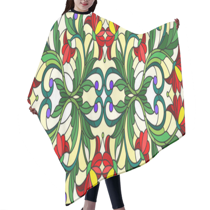 Personality  Illustration In Stained Glass Style With  Red Flowers, Leaves And Buds  On A Yellow Background, Symmetrical Image, Horizontal Orientation Hair Cutting Cape