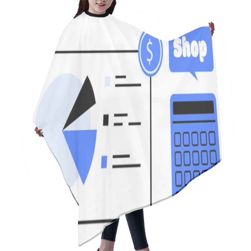 Personality  Diagram Showcasing A Pie Chart Next To A Calculator And A Speech Bubble With The Word Shop. Ideal For Financial Data, Online Shopping, Business Analytics, Budget Planning, Digital Sales. Modern Hair Cutting Cape