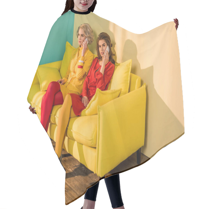 Personality  Retro Styled Women Talking On Smartphones On Yellow Sofa, Doll House Concept Hair Cutting Cape