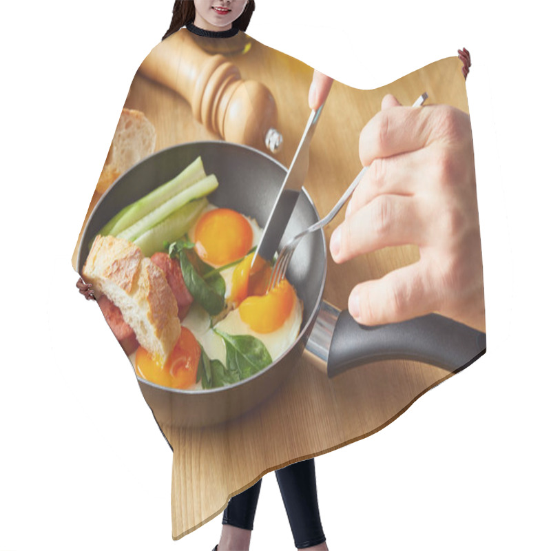 Personality  Cropped View Of Man Eating Fried Eggs With Fork And Knife At Wooden Table Hair Cutting Cape