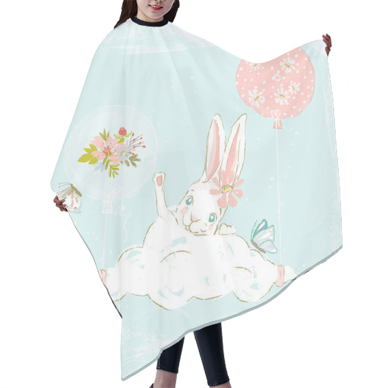 Personality  Cute Hand Drawn Bunny With Floral Wreath, Butterflies, Balloon And Cloud Hair Cutting Cape