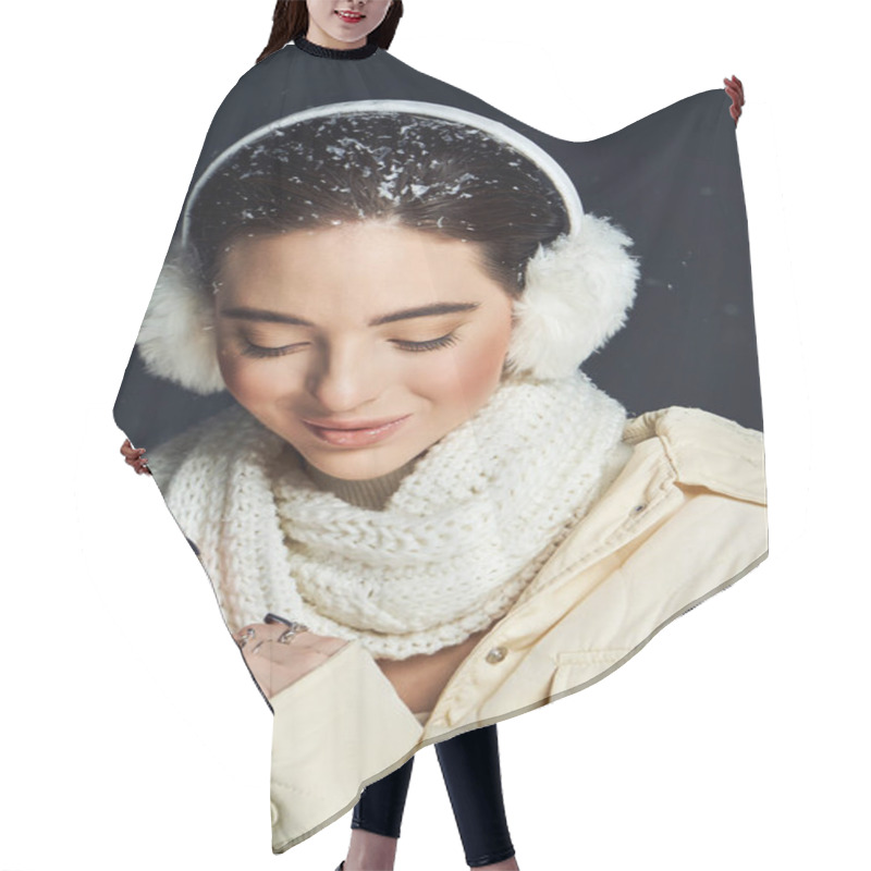 Personality  A Beautiful Woman, Adorned In Cozy Winter Clothing, Gently Enjoys The Snowfall Around Her. Hair Cutting Cape