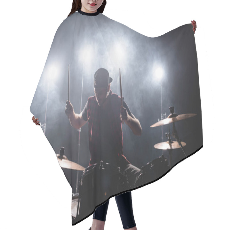 Personality  Rock Band Member Playing Drums While Sitting At Drum Kit With Backlit And Smoke On Background Hair Cutting Cape