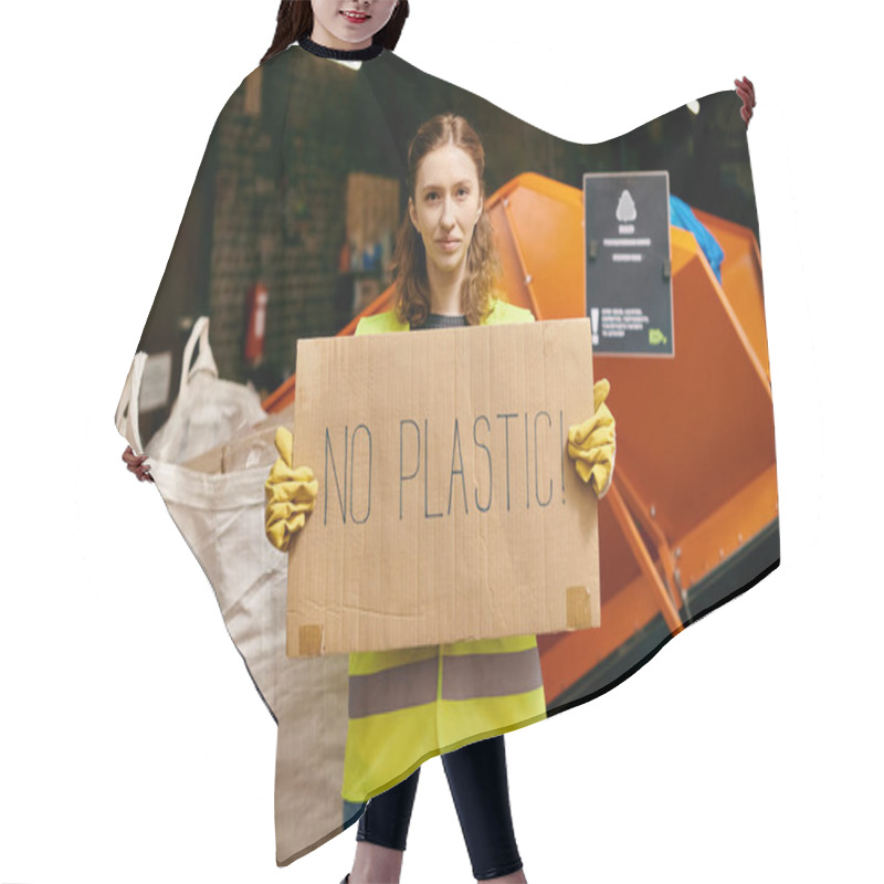 Personality  Young Eco-conscious Volunteer In Gloves And Safety Vest Sorting Waste, Emphatically Displaying No Plastic Sign. Hair Cutting Cape