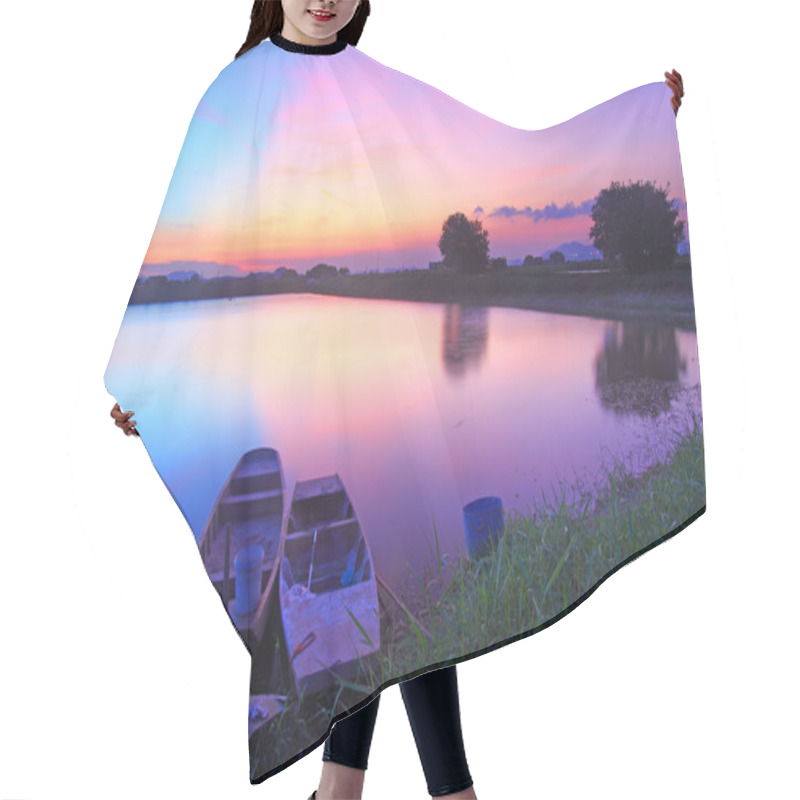 Personality  Isolated Boats Along The Pond At Sunset Time Hair Cutting Cape