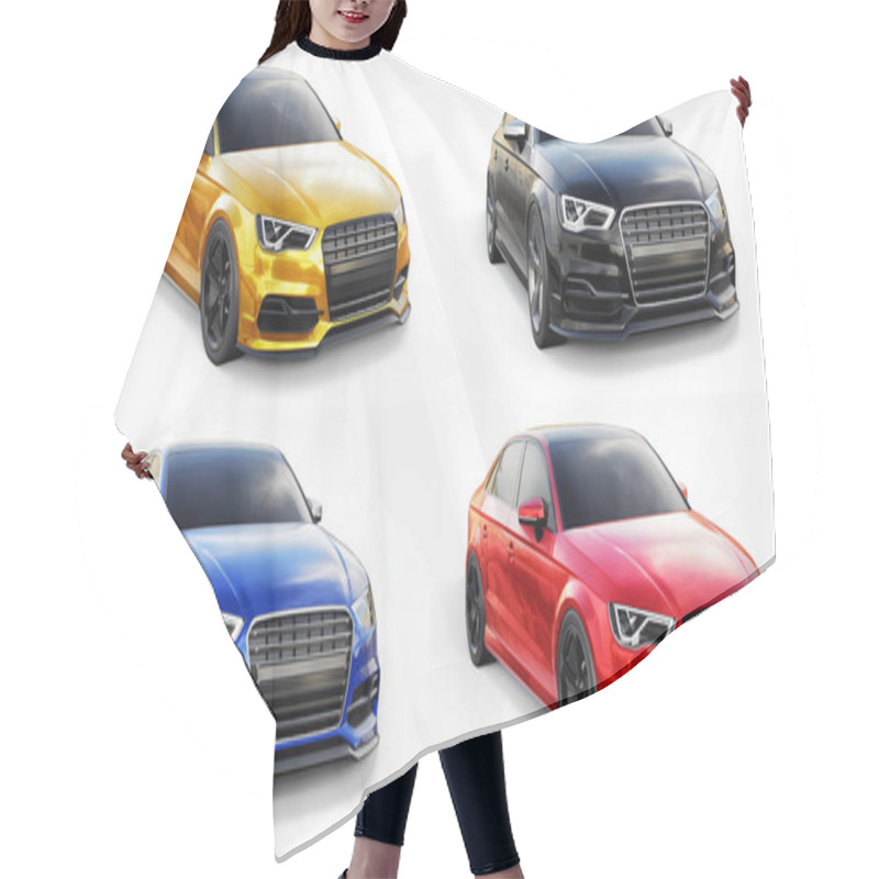 Personality  3d Illustration. Super Fast Sports Car On A White Background. Body Shape Sedan. Tuning Is A Version Of An Ordinary Family Car. 3d Rendering. Hair Cutting Cape