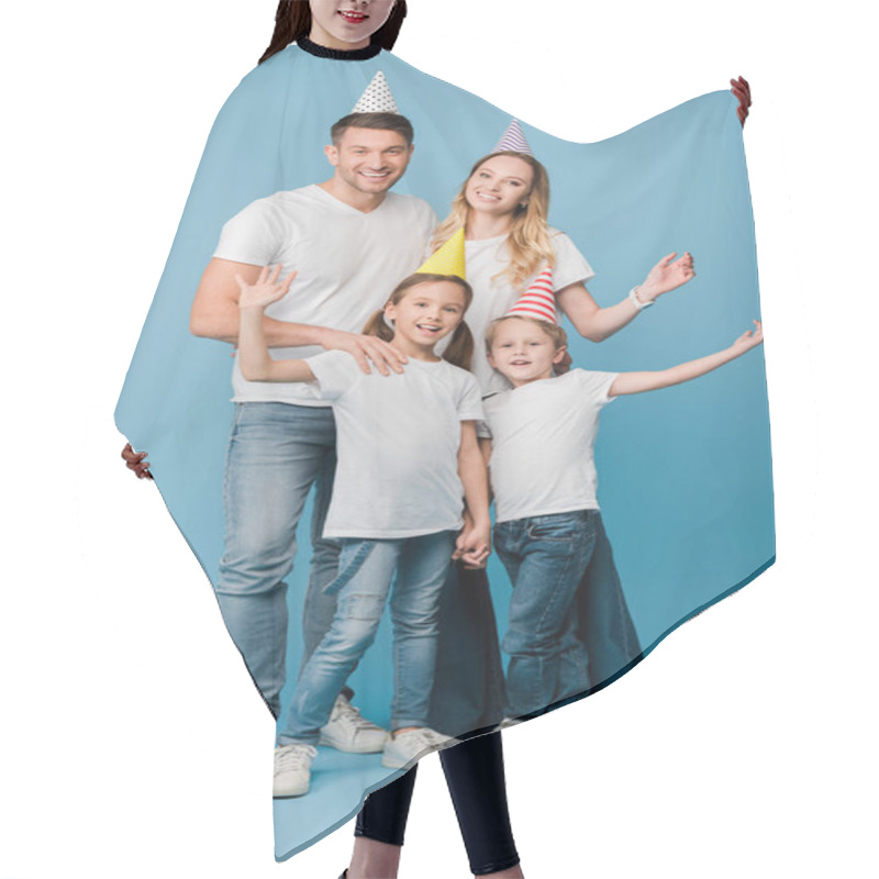 Personality  Cheerful Family In Birthday Party Caps On Blue Hair Cutting Cape