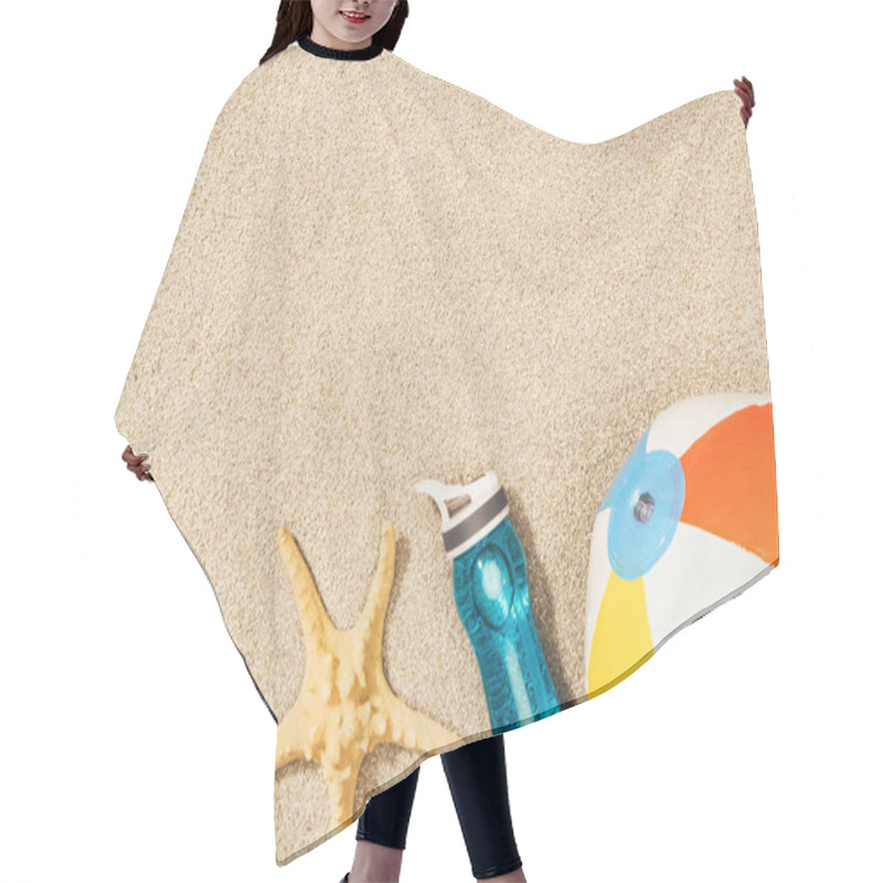 Personality  Flat Lay With Arranged Water Bottle, Sea Star And Beach Ball On Sand Hair Cutting Cape