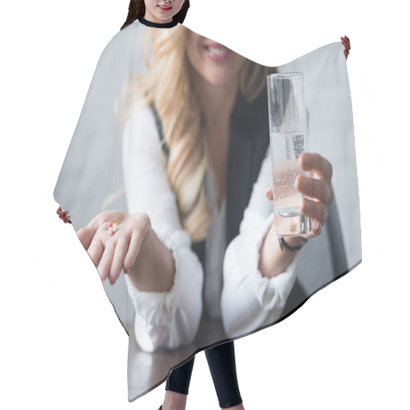 Personality  Cropped Image Of Happy Businesswoman Holding Pills And Glass Of Water Hair Cutting Cape