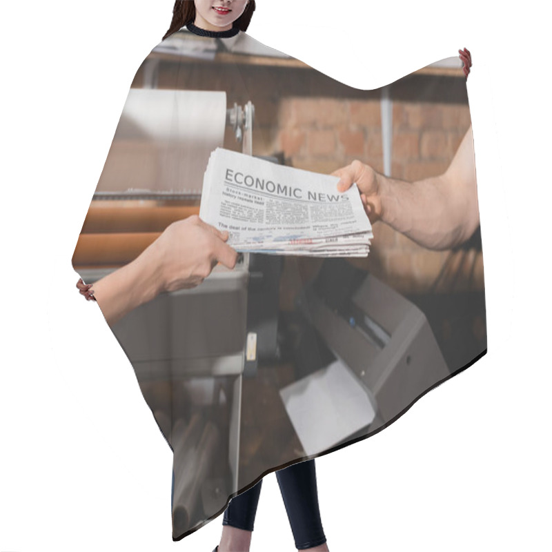 Personality  Cropped View Of Typographer Giving Newspaper With Economic News Lettering To Colleague In Print Center  Hair Cutting Cape